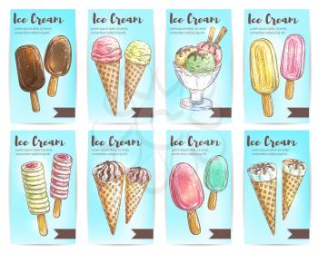 Ice cream menu dessert sketch banners with strawberry and vanilla ice cream cones, chocolate bar on stick, fruit popsicle and sundae dessert topped with waffle, nut and jam