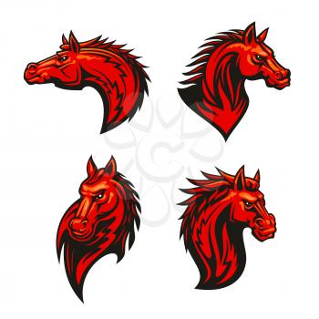 Angry horse mascot set with red flaming mustang or stallion with aggressive glare and tribal ornamental mane. Sporting team mascot, tattoo, equestrian competition design