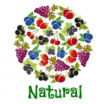 Natural fruits and berries round symbol with fresh cherry, grape, strawberry, blackberry, raspberry, blueberry and blackcurrant fruits. Food and juice packaging or farm market design