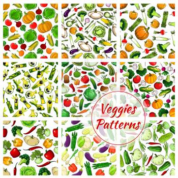 Veggies vector patterns. Vector seamless vegetarian vegetables background. Fresh vegan organic cabbage, pumpkin, olive, cauliflower, garlic, cucumber, tomato, pepper, potato, broccoli, daikon radish, 