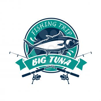 Fishing trip round icon. Big tuna vector sign with fishing rods, fish, ribbon. Fisherman adventure sport club circle badge