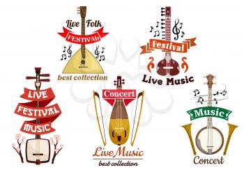 Musical folk and ethnic instruments icons of russian balalaika, japanese biwa, oriental koto, banjo, lute ekin. Vector isolated badges for musical festival, ethnic folk concert