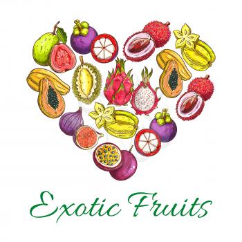 Exotic fruits heart shape poster of orange, papaya, durian, guava, carambola, dragon fruit, lychee, feijoa, passion fruit maracuya, longan, figs, rambutan, mangosteen. Vector tropical whole and half c