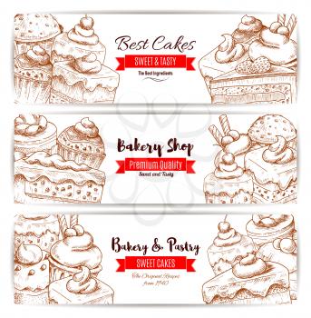 Pastry banners set of vector sketch desserts, sweets, fruit cakes, berry cupcakes, chocolate muffin, creamy pie, vanilla mousse for bakery shop, cafe, cafeteria, patisserie menu