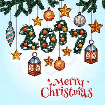 Christmas Day greeting card. Xmas tree with hanging golden star, candle lantern, bauble ball and New Year number made up of snowy pine branches. Merry Christmas and New Year sketched poster design