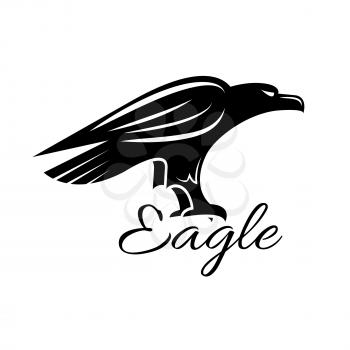 Eagle icon. Noble black hawk looking for prey. Falcon sign. Vector heraldic predatory bird isolated symbol for sport team mascot, military, security or guard emblem for armory shield