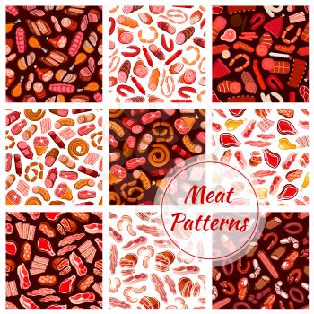 Meat patterns set. Vector seamless background of fresh butcher shop delicatessen meat sausages, ham bacon, beefsteak, schnitzel, salami and pepperoni wurst