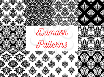 Damask patterns. Vector pattern of ornamental floral decoration elements. Luxurious royal baroque ornaments and imperial decorative flourish black and white pattern tiles
