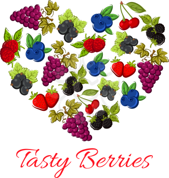 Berries heart shape. Vector garden and forest berry harvest of tasty grape bunch, strawberry, raspberry, blueberry, blackberry, cherry, blackcurrant