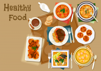 Portuguese dinner food icon of tomato bean soup, seafood salad, fish tomato soup, potato cabbage soup with sausage, chicken in chilli sauce, stewed beef, custard cake. Healthy food menu design