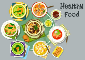 Soup dishes for healthy lunch icon with cream soups with salmon and shrimp, meatball and mushroom soups, eggplant chicken curry soup, corn soup with cheese, chili soup with pork and corn