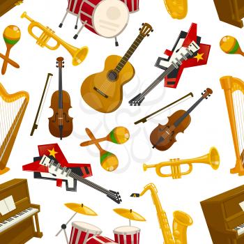 Musical instruments pattern of acoustic guitar and violin with bow, orchestra harp and piano, maracas, saxophone and cymbals on drums, jazz trumpet. Vector seamless music background