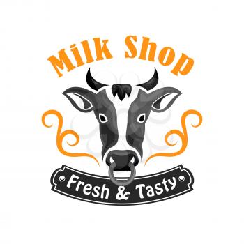 Milk Shop icon of cow head. Dairy farm emblem or badge for fresh and tasty milk products, sour cream, yoghurt, cottage cheese curd, cheese. Vector isolated sign for milk farm market or grocery store d