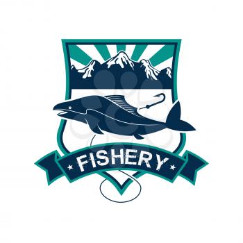Fishery emblem. Vector badge or sign for fish and seafood industry. Isolated badge with fishing rod, fish on hook, sea water. Fishing sport adventure club icon