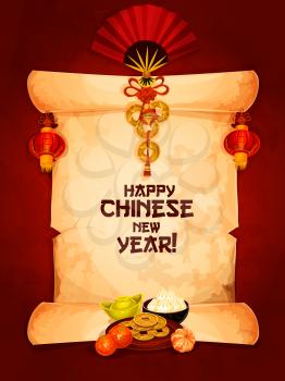 Happy Chinese New Year wishes on old paper scroll with hanging red lantern and fan with chinese knot ornament and mandarin orange with gold ingot and dumplings. Spring Festival greeting card design