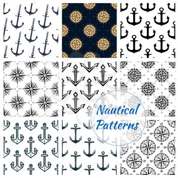 Nautical patterns set of blue anchor, ship helm, navigation compass and wind rose symbol. Heraldic maritime items tile design of marine and sailor vessel naval equipment. Vector seamless background