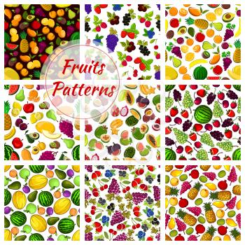 Fruit pattern set. Seamless vector background of juicy fresh tropical fruits, berries. Lemon citrus, strawberry, banana, pineapple, raspberry, apple, melon, lemon, watermelon, cherry, plum, mango, avo