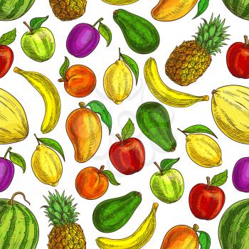Fruit pattern. Vector seamless background of juicy citrus fruits banana, pineapple, apple, melon, lemon, watermelon, plum, mango, avocado