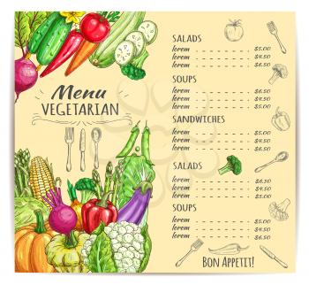Vegetarian restaurant menu template. List of vegetable salad, soup, sandwich with prices and sketches of fresh carrot, tomato, pepper, broccoli, onion, corn, eggplant, pea, zucchini, cabbage veggies