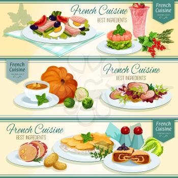 French cuisine popular food banner. Potato cheese casserole, fish salad with tomato and olive, salmon tartare, pumpkin cream soup, duck salad, liver in bacon, berry cream dessert, stuffed cabbage