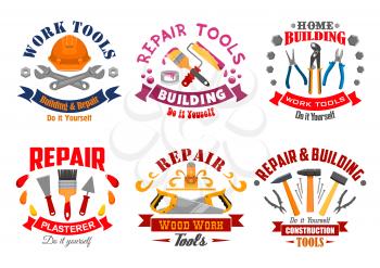 Repair tool and building instrument badge set. Hammer, spanner, pliers, saw, paintbrush and roller, spatula, trowel, nails and hard hat with ribbon banner. Repair tool shop, building industry design