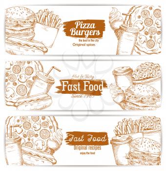 Fast food dishes with drinks and dessert banner set. Hamburger, pizza, soda, hot dog, coffee, french fries, cheeseburger, ice cream and popcorn sketches. Fast food cafe and restaurant menu design