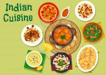 Indian cuisine spicy dinner icon of rice with zucchini and bacon, chicken soup, almond chicken, lamb vegetable rice, prawn masala, tomato lentil salad, fresh cheese in tomato sauce, potato stew