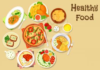 Potato, meat, cheese dishes icon of tomato cheese pizza, chicken leg with fries, grilled beef steak with vegetables, potato chips, baked pork and chicken with veggies, cottage cheese sandwich, falafel