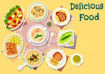 Popular soup with meat and fish dishes icon of chicken celery salad, pork cutlet with cheese crust, mushroom cream soup, chicken ham soup, baked pork and fish with mushroom and nuts, herring salad