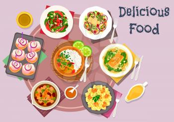 Hot meat dishes with fish snack and salad icon of salmon pasta with cheese, beef bean stew, salmon noodle with bean, pork curry, potato pancake with herring, beet herring salad, orange almond salad
