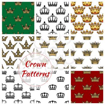 Crown seamless pattern set. Royal background with crown of king, princess diadem and queen tiara. Monarchy theme, scrapbook page backdrop design
