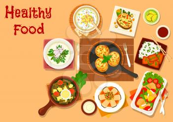 Chinese cuisine fish dishes icon served with vegetables and rice, salmon steak with grilled veggies, fish cutlet, russian cold soup with rye bread beverage and yogurt, sorrel soup with egg