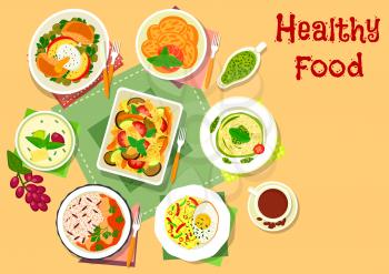 Main dishes with dessert icon of vegetable pasta casserole, fish with rice, spaghetti with pesto, lentil salad with fish, egg and apple, warm cabbage salad, cream and fruit jelly dessert, potato snack