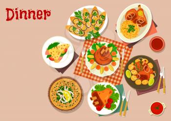 Pork dishes with snack food icon of baked and boiled pork shank with cabbage and potato, pancake with vegetables and ham, open meat pie, eggplant cheese sandwiches