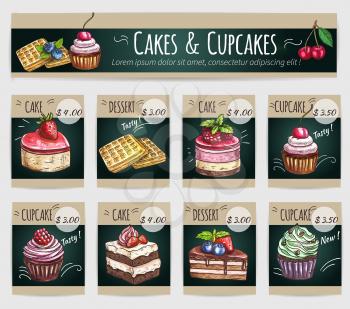 Desserts price cards set. Vector sketch cake with fruits and berries, crispy wafer, chocolate muffin, creamy pie, souffle cupcake, sweet biscuit mousse. Dessert menu banner for bakery shop, cafe, cafe