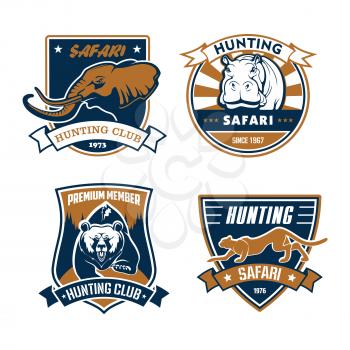 Hunting club emblems and vector icons set. Wild African safari animals elephant with tusks, grizzly bear and rhinoceros or hippopotamus, cheetah panther. Vector signs or ribbon badges for hunter adven