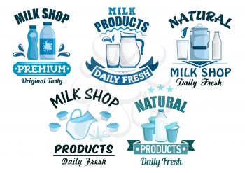 Dairy products and milk isolated icons of milky food and drinks of milk bottle and butter, sour cream and milk curd, cheese, yogurt or kefir in pitcher, cottage cheese and fresh cream in bowl for milk