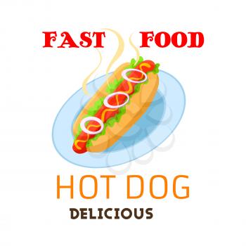 Hot dog vector emblem. Fast food meal or snack of grilled hot sausage in buns with onion vegetables and sauce mustard or ketchup on plate. Fastfood restaurant delivery or takeaway isolated sign