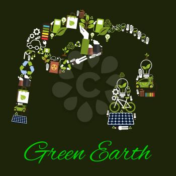 Environment ecology and nature protection poster of bio fuel gasoline drops symbol. Conceptual planet conservation and pollution prevention idea of recycling items electric lamp, water, car and bicycl