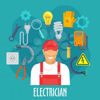 Electrician profession poster. Vector electrician man in uniform with electricity repair tools and items safety gloves, screwdriver and wrench, pliers, ampermeter or voltmemer, eclectic lamp cable, ma