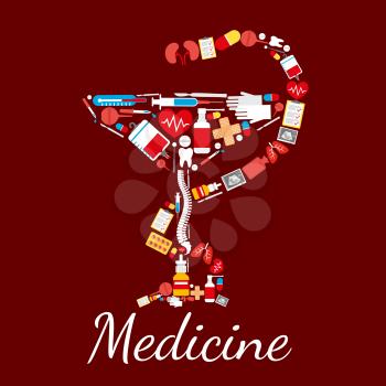 Bowl of Hygieia medical and pharmacy symbol of snake twined around bowl. Medicine poster of vector drugs and pills capsules, human spine, kidney and lungs with hear, medical thermometer with surgery s