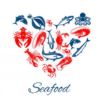 Seafood vector poster designed in heart shape of sea food fish, shrimp and squid, crab lobster, tuna and salmon or trout, herring and octopus with flounder. Symbol for seafood oriental and Mediterrane