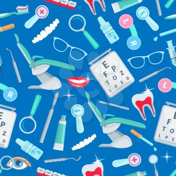 Dentistry, stomatology seamless pattern of vector dental health and care items and dentist tools orthodontic braces and tooth implant, mouth mirror, syringe and magnifying glass, stomatologist chair, 