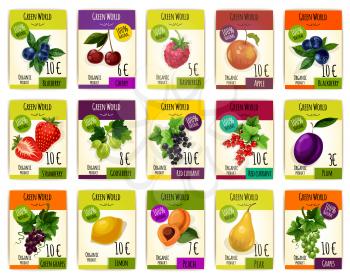 Fruits tags or cards with price. Vector set of fresh harvest of organic fruits blueberry, cherry and raspberry, apple, blackberry and strawberry, gooseberry, black and red currant, plum and grape, lem