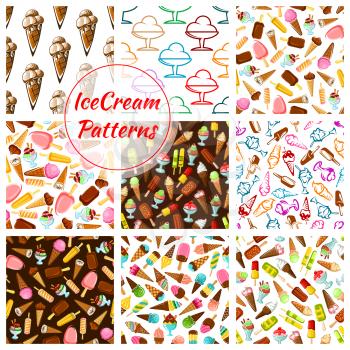 Ice cream patterns of ice cream assortment, scoops in glass bowl and wafer cones, sweet chocolate eskimo and vanilla sundae, frozen fruit ice and fruity sorbet or slush ice and glazed gelato . Vector 