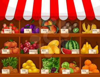 Fruit shop, store or market counter showcase stand with fresh farm harvest of fruits and berries strawberry, plum, tropical mango, kiwi and exotic banana and pineapple, peach, pomegranate, melon and w