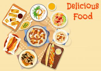Tasty snacks for lunch icon of hot dog with sausage and bacon, mushroom sandwich, egg curry, shrimp noodles, baguette with fried chicken, meatball topped with poached egg, potato rolls with bean sauce