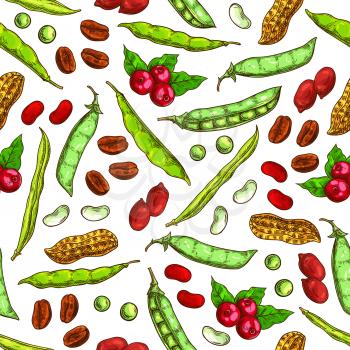 Beans and nuts seamless pattern. Fresh and roasted vector coffee beans, nutritious dried peanuts in shell, green peas pods, green legume beans. Vegetarian and vegan vegetable food nutrition