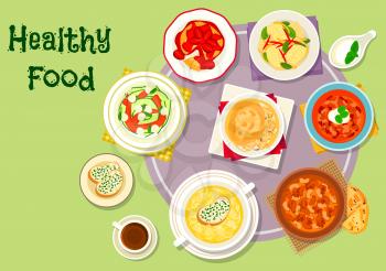 Hearty food for dinner icon of chicken and beef soups with bean, tomato and chilli, cheese cream soup, chicken pie, fried cheese topped with fruit, zucchini mozzarella salad, caramelized fish