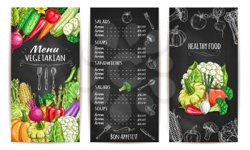 Vegetables chalk sketch for vegetarian menu brochure or card. Vector healthy vegan vegetable food price on chalkboard. Veggies beet, carrot and garlic, pea, pumpkin and zucchini, chili pepper, cabbage